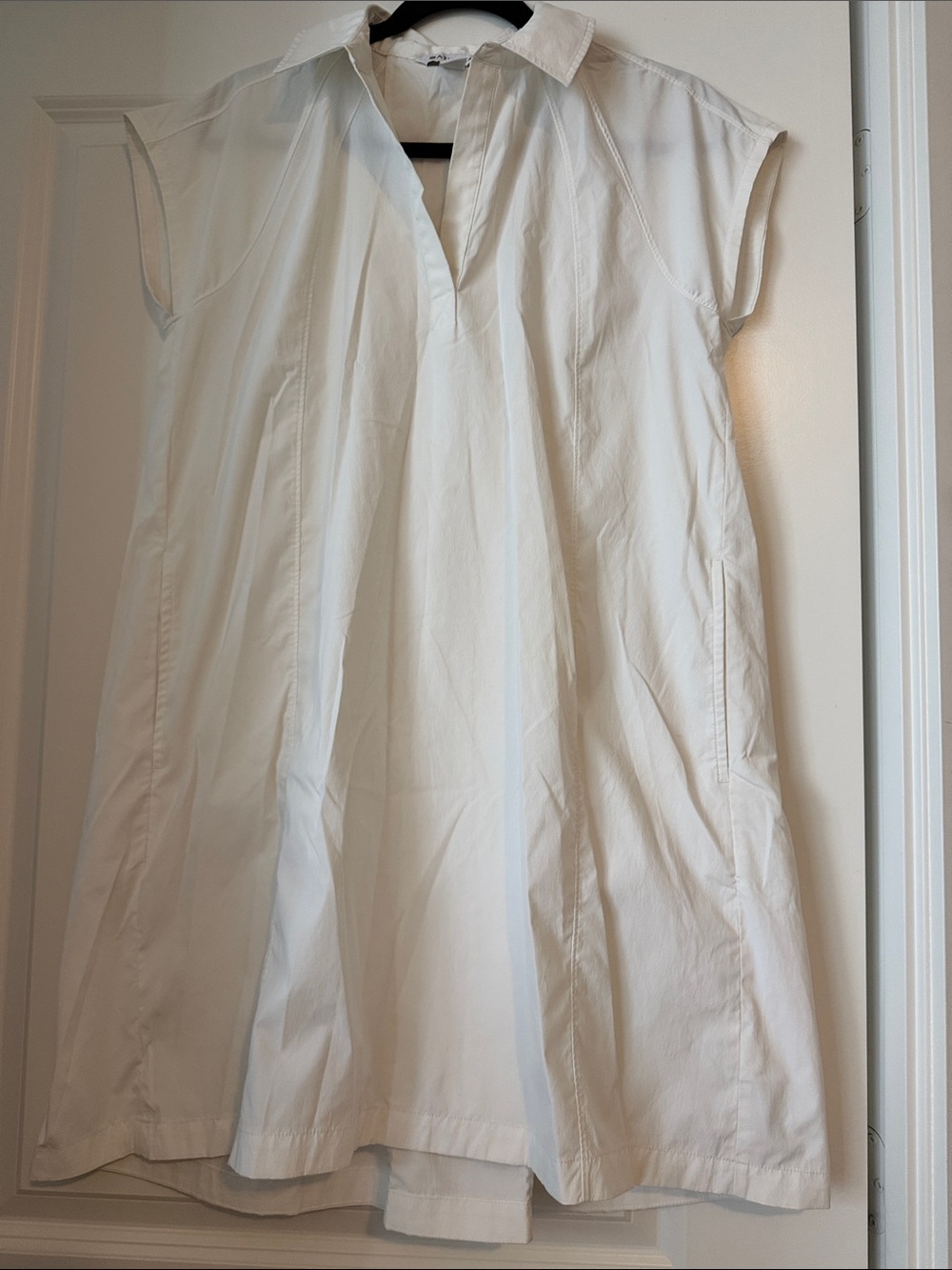 ATHLETA Poplin White Collared Cap-Sleeve Shirt Dress